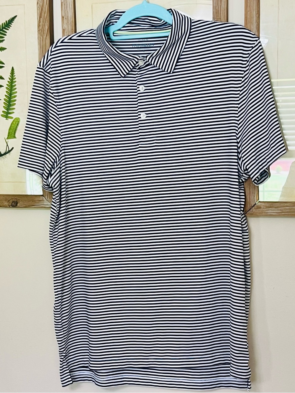 J. Crew Inky (Black Navy Color) & White Striped Short-Sleeve Performance Polo